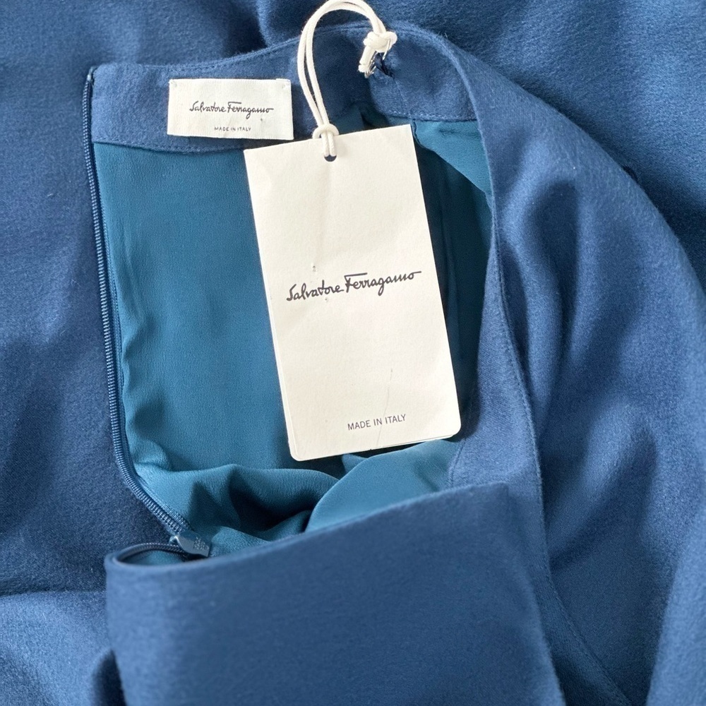 FERRAGAMO Cashmere Wool Asymmetric Fringed Midi Dress  Navy Blue NWT - Picture 9 of 11